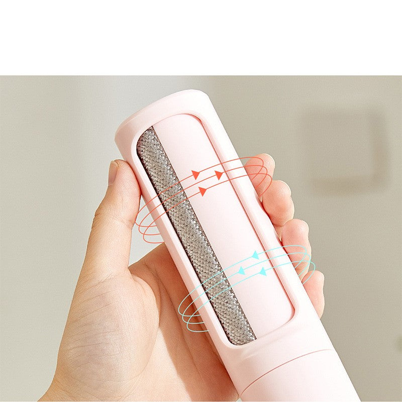 Close-up of reusable pet hair remover roller self-cleaning mechanism