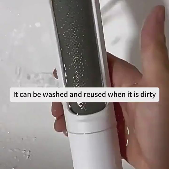 Demonstration of reusable pet hair remover roller washing and cleaning
